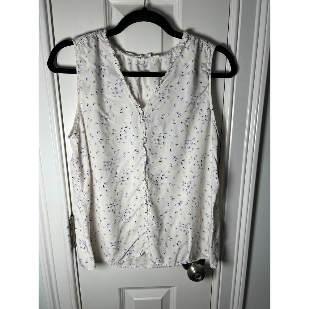 Gap Womens Purple Floral Sleeveless Rayon V-Neck Ruffle Blouse White Size L